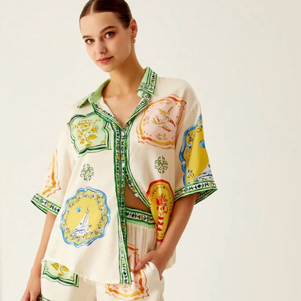 Print Button-Up Blouse – Silk Feel Coastal Vacation Shirt Art